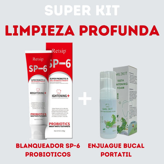 Combo Super Probiotic-6® Pasta dental con 6 probióticos para equilibrar y fortalecer la microbiota oral + Enjuague bucal Portable